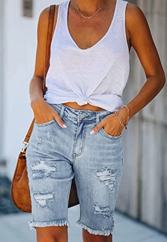 Metietila Women's Ripped Mid-Rise Denim Bermuda Shorts