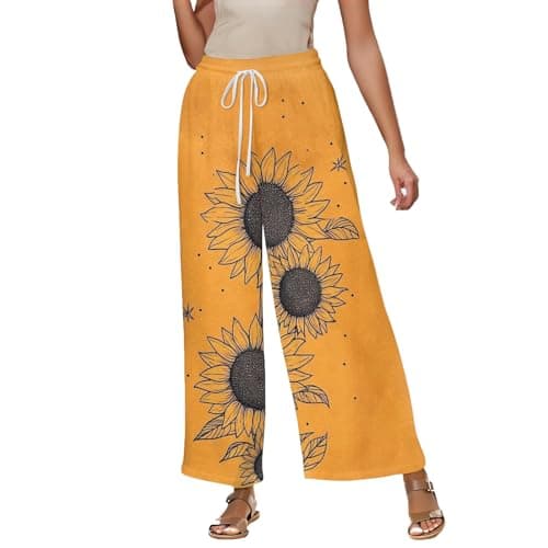 Elastic High Waisted Floral Print Wide Leg Linen Pants with Pockets