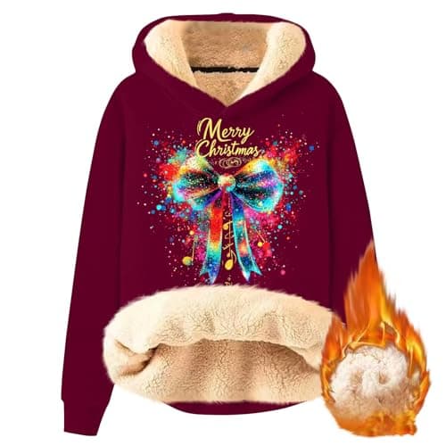 FlekmanArt Thick Warm Sherpa Fleece Pullover Hoodies with Christmas Print