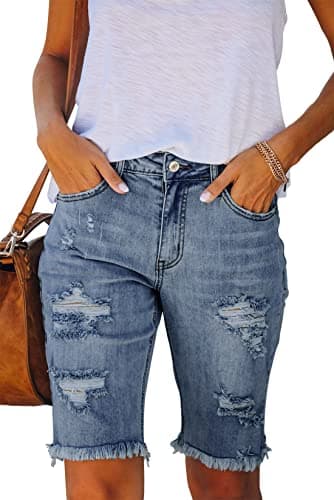 Metietila Women's Ripped Mid-Rise Denim Bermuda Shorts