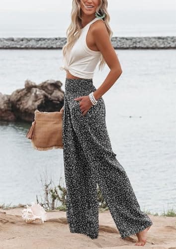 Bbkkuck Women's Elastic High-Waisted Wide Leg Palazzo Pants with Pockets