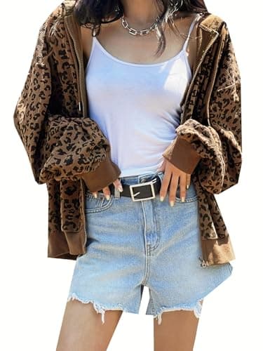SHENHE Women's Oversized Zip Up Hoodie with Leopard Print Pockets