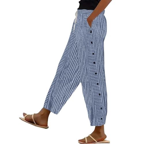 Generic Women's Straight Leg Stripe Cotton Linen Pants