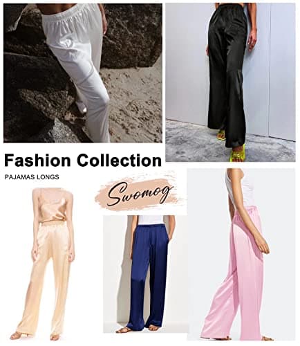 SWOMOG Women's Silk Satin Pajama Pants Elastic Waist