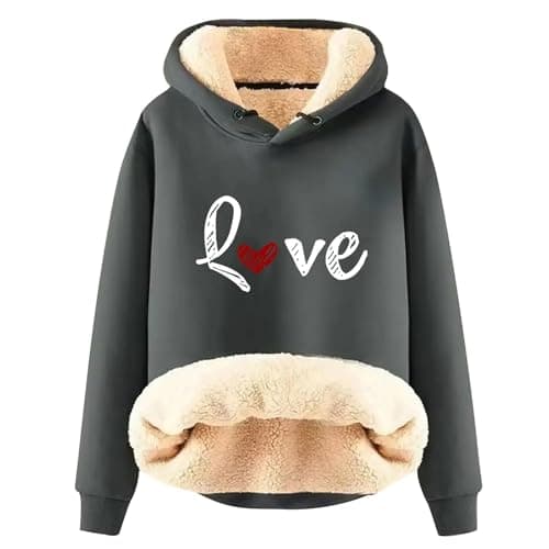Warm Heart Print Fleece Hoodie for Women Winter Casual Pullovers