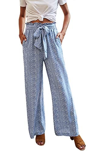 Womens Cotton Palazzo Wide Leg Pants with Pockets and Belt