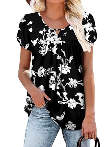 OnlyPuff Women's Pleated Floral Tunic Tops Summer Boho Dress Casual