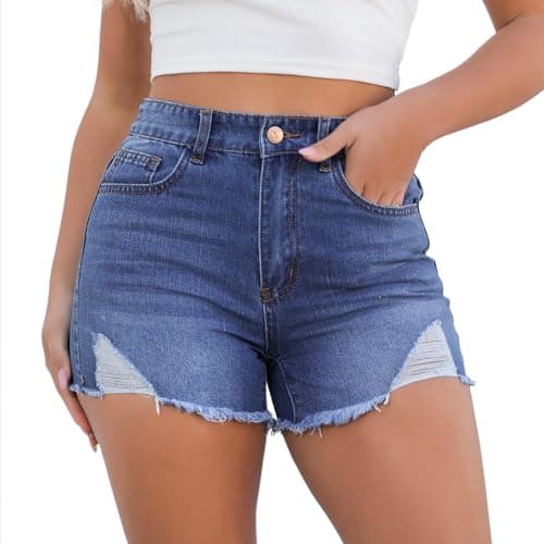 Blostirno Women's Casual Mid Rise Ripped Denim Shorts with Pockets
