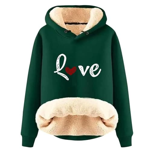 Warm Heart Print Fleece Hoodie for Women Winter Casual Pullovers