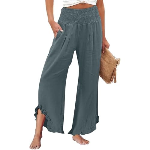 Oversize Smocked Waist Wide Leg Linen Boho Pant