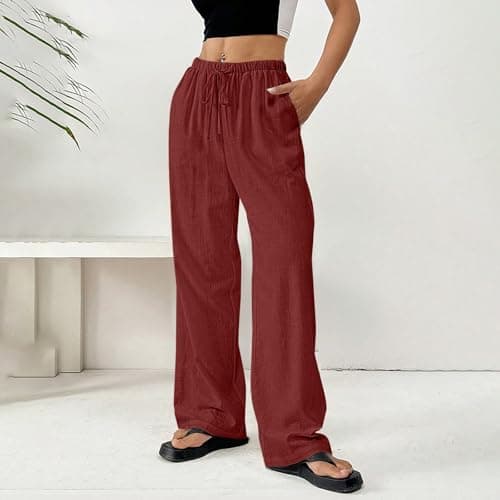 DINEVE Women's Summer Wide Leg High Waist Drawstring Pants Plus Size Linen Lounge