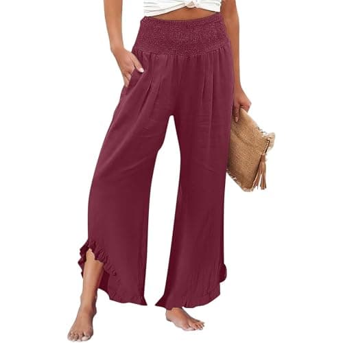 GOKKILRW Women's Lightweight Boho Linen High Waist Flowy Palazzo Pants