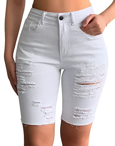 Rosswear Womens Ripped Stretch Mid Rise Frayed Long Jean Shorts