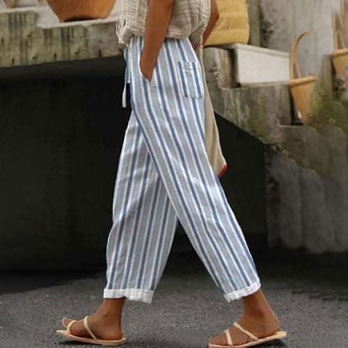 Boho Striped Linen Pants for Women Summer Casual Beach