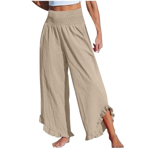 Boho Wide Leg Smocked Waist Linen Pants for Summer Vacation
