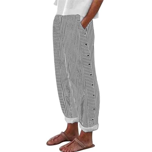 Generic Women's Straight Leg Stripe Cotton Linen Pants