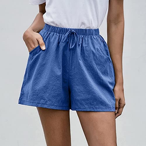 Sktremeuru High-Waisted Linen Shorts for Women Elastic Waist Drawstring Wide Leg Summer Fashion