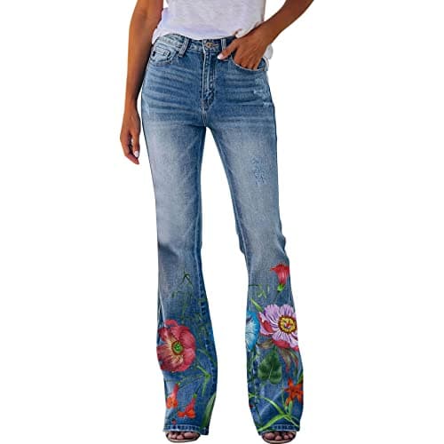 8QIDA Women Cargo Pants Printed Pattern Loose Flared Hem Jeans