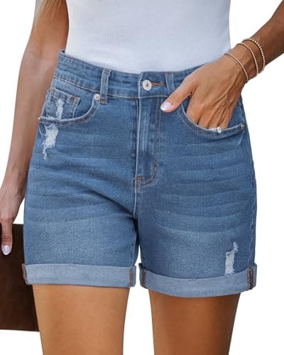 LookbookStore Women's Stretchy High-Waisted Ripped Denim Shorts