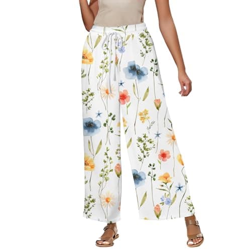 Elastic High Waisted Floral Print Wide Leg Linen Pants with Pockets