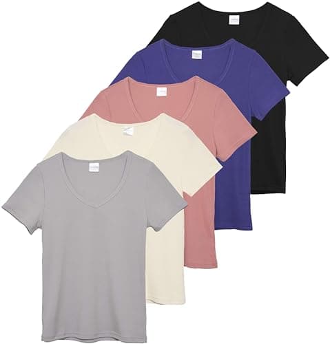 Real Essentials 5 Pack Women's Soft Ribbed V-Neck Tee Summer Shirt
