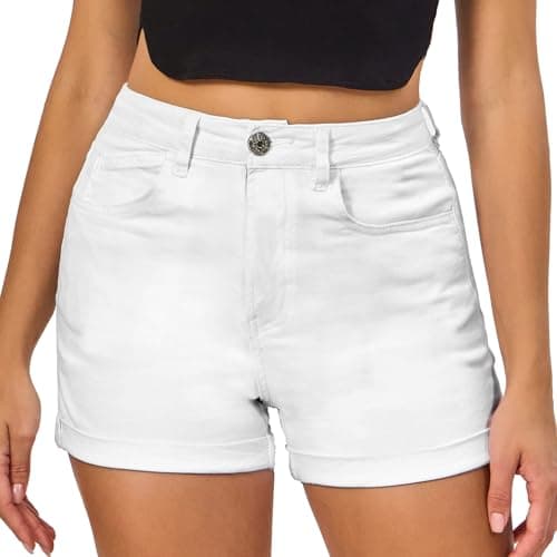 VIPONES High Waisted Stretch Denim Jean Shorts with Folded Hem