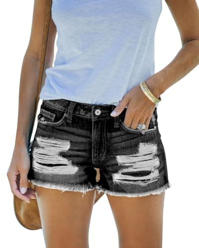 Dwnipkq Women's Stretchy Ripped Mid-Waisted Denim Shorts