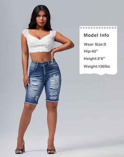 Rosswear Womens Ripped Stretch Mid Rise Frayed Long Jean Shorts