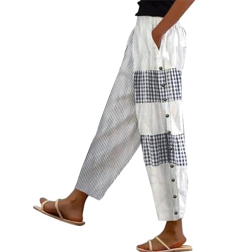 Generic Women's Straight Leg Stripe Cotton Linen Pants