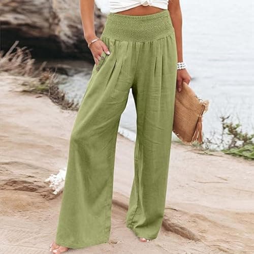 GOKKILRW Women's Linen Palazzo Pants Wide Leg High Waist Boho Summer Travel Trouser