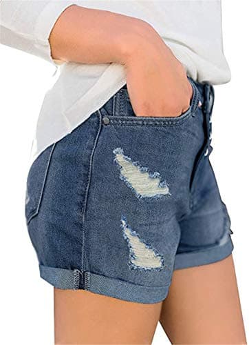 Angerella Women's Mid Rise Ripped Denim Shorts Stretchy Folded Hem