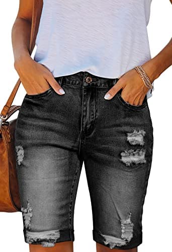 HUUSA Women's High Waist Ripped Denim Mid-Thigh Shorts with Pocket