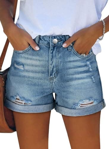 Angerella Women's Mid Rise Ripped Denim Shorts Stretchy Folded Hem