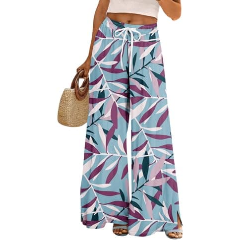 Elastic High Waisted Floral Print Wide Leg Linen Pants with Pockets