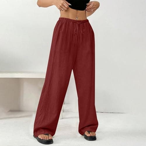 DINEVE Women's Summer Wide Leg High Waist Drawstring Pants Plus Size Linen Lounge