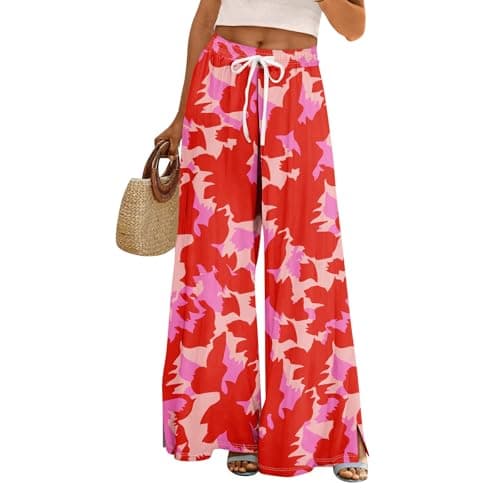 Elastic High Waisted Floral Print Wide Leg Linen Pants with Pockets