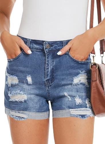 FEKOAFE 2025 Women's Summer Mid/High-Waisted Ripped Denim Shorts