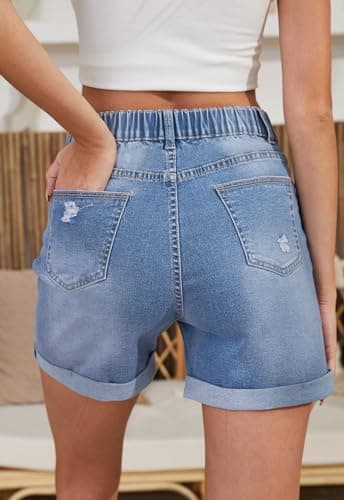 Metietila Women's High-Waisted Folded Hem Stretch Denim Shorts