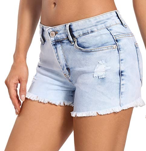Foucome Women's Summer Low Waisted Frayed Denim Shorts