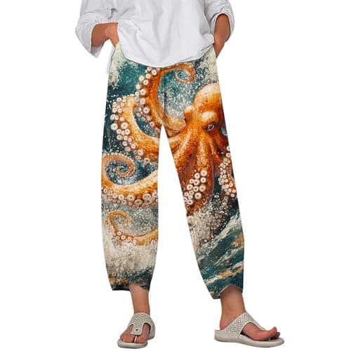 HOTYD Japanese Linen Pants for Women Summer Baggy Capri Trouser with Pockets