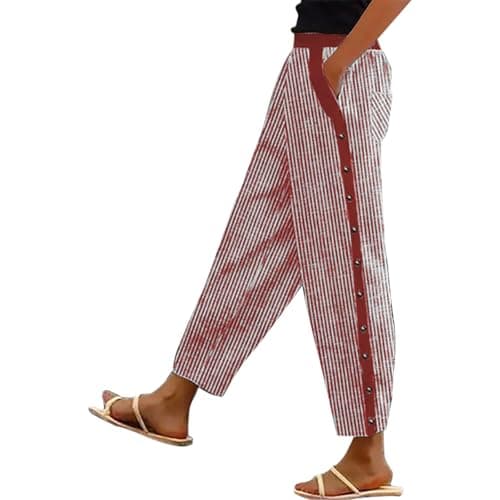 Generic Women's Straight Leg Stripe Cotton Linen Pants