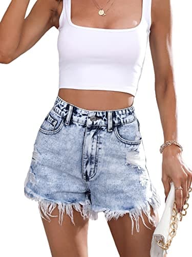 WDIRARA Women's High-Waisted Raw Hem Distressed Casual Denim Shorts