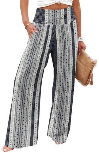 Bbkkuck Women's Elastic High-Waisted Wide Leg Palazzo Pants with Pockets