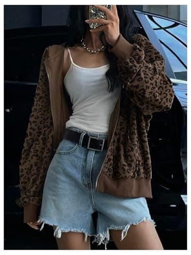 SHENHE Women's Oversized Zip Up Hoodie with Leopard Print Pockets