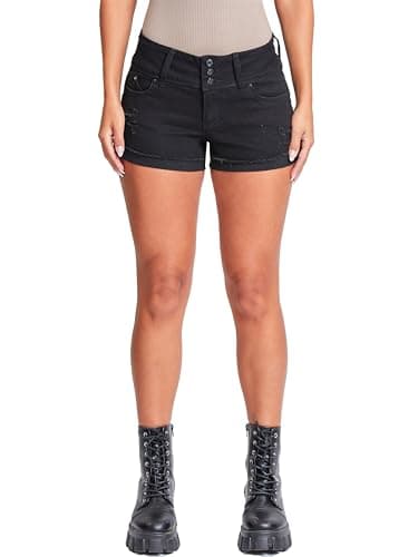 YMI Women's Junior Wannabettabutt 3-Button Mid-Rise Cuffed Jeans Shorts