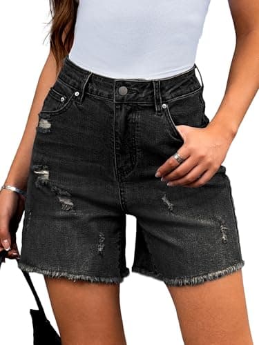 ELLEVEN Women's High-Waisted Ripped Jean Wide Leg Shorts