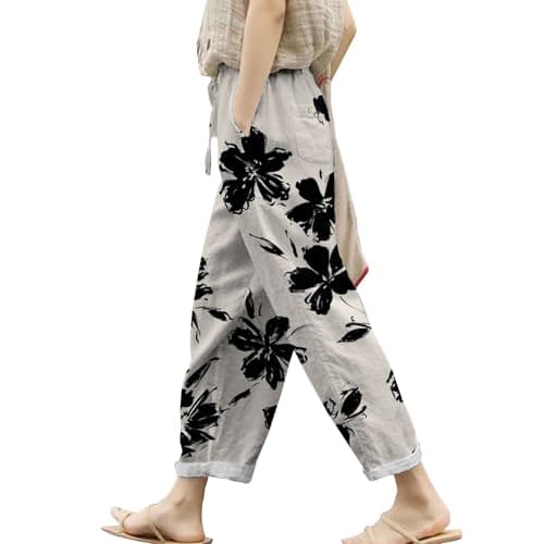 Boho Striped Linen Pants for Women Summer Casual Beach