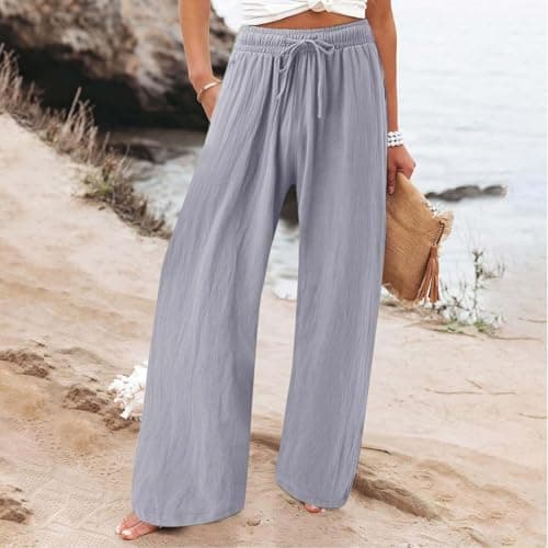 Womens Elastic High Waisted Boho Linen Palazzo Pants with Pockets