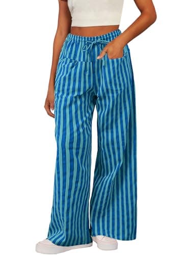 Acelitt Women's Casual Elastic Waist Striped Wide Leg Pants with Pockets, S-XXL