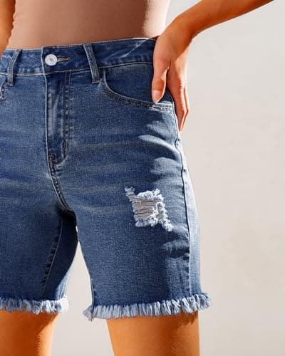 Luvamia Women's High-Waisted Distressed Denim Long Shorts